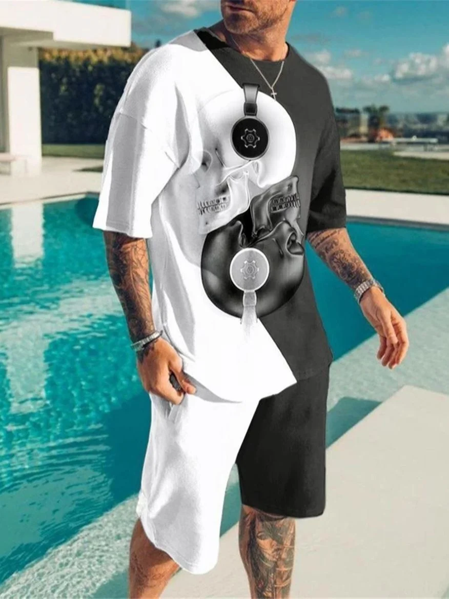 

Summer lion 3D printed men's shirt shorts short sleeve training suit men's neck