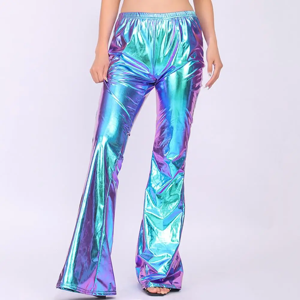 

These flared pants feature an elastic waist for easy on and off. Available in various colors.
