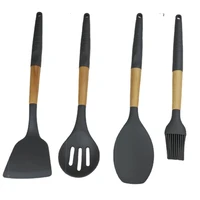 4pcs wooden handle silicone kitchen utensils set non stick silicone shovel colander oil brush spoon kitchen utensils