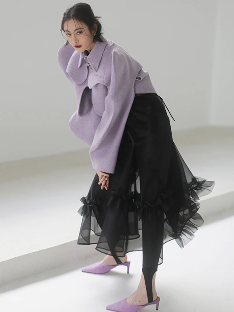 [EAM] Свободное пальто фиолетового цвета в форме большого размера Короткое