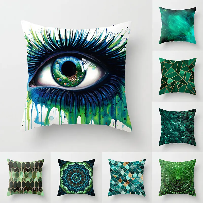 

45x45 Green Series Peach Skin Cushion Cover Eye Geometry Abstract Decorative Pillowcase for Sofa Bed Living Room Home Decoration