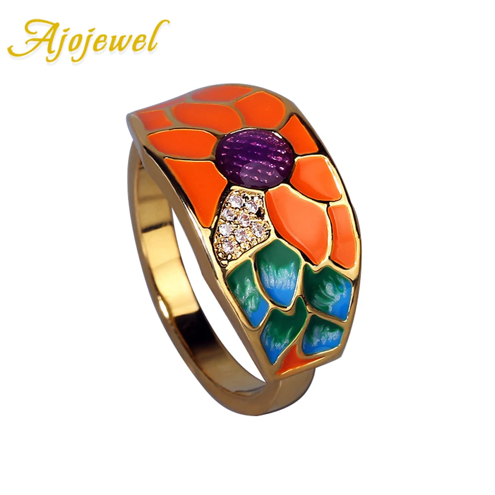 

Ajojewel Gorgeous Color Women Golden Ring Luxury Enemal Flower Leaf Designer Rings With Zirconia Gift Anillo De Flore