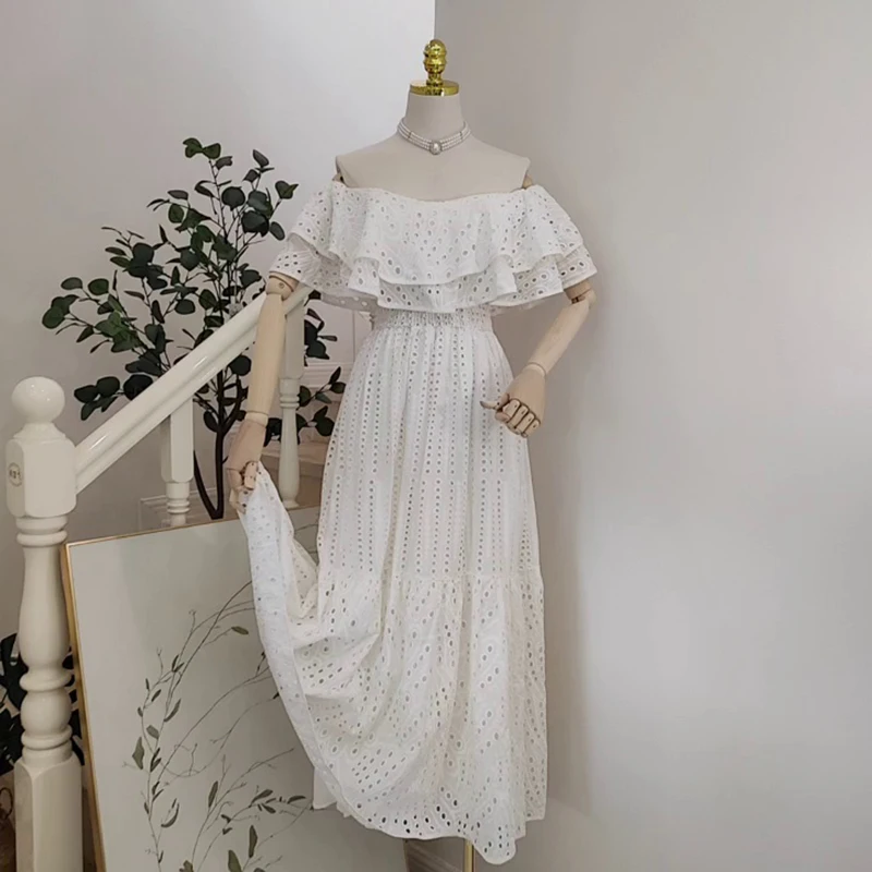 

YouYu Slash Neck Ruffle Heavy Embroidery Dress For Women Hollow Holiday Style Beach Long Dresses Summer New Fashion Female