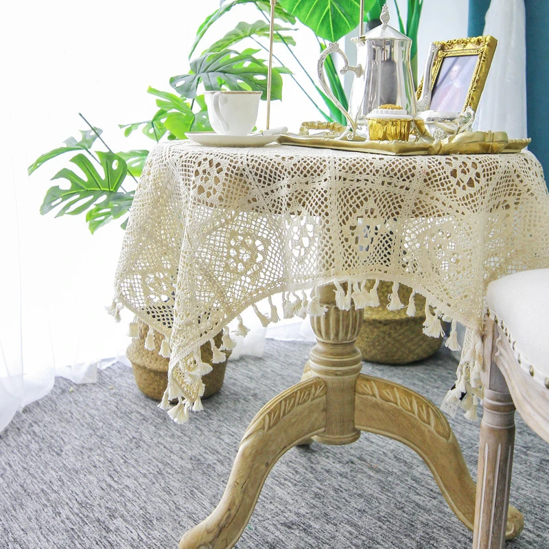 

Beige Hollow Lace Table Cloth Crocheted Cotton Linen Tablecloth Rectangle Round Dining Table Cover For Wedding Party Decor