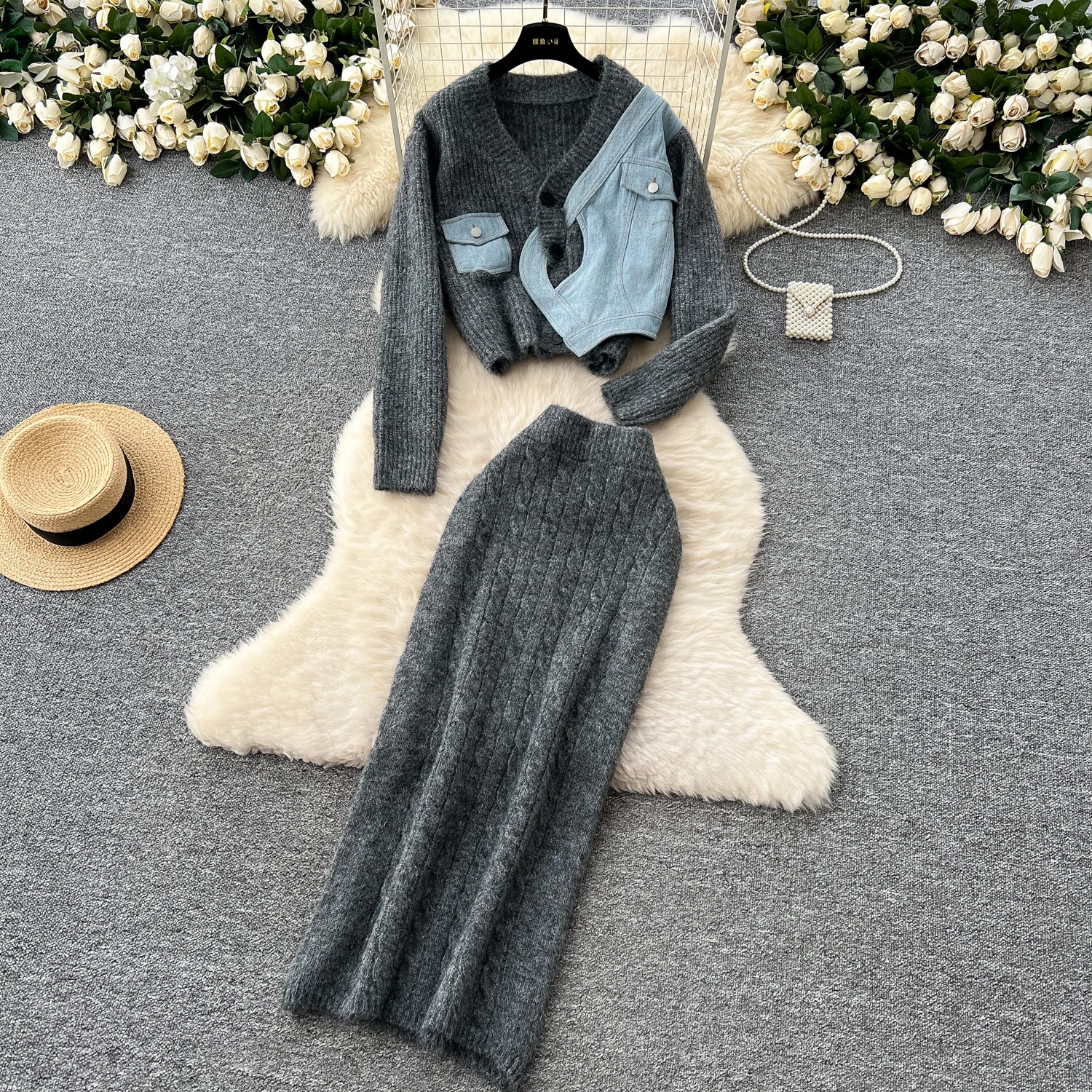 Женские лоскутные комплекты джинсовой одежды топы на пуговицах с v-образным