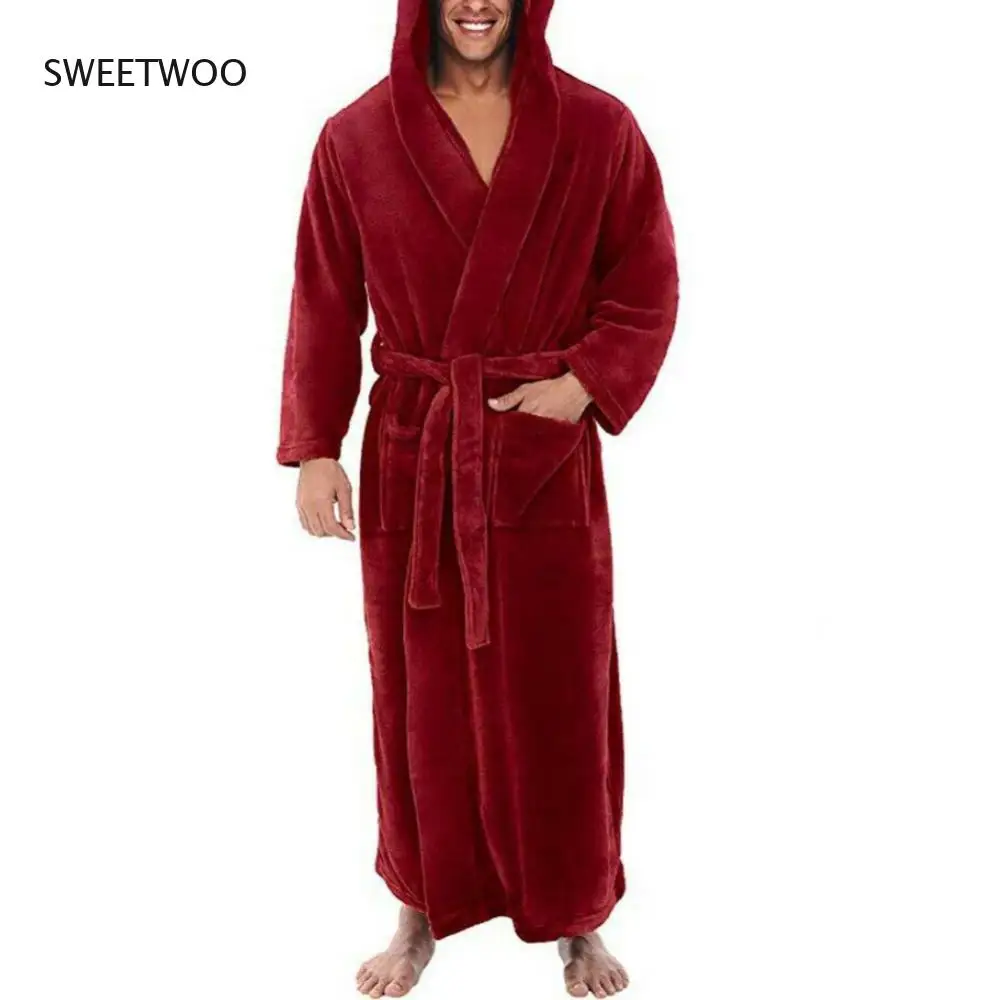 Men Soft Coral Fleece Solid Color Pockets Long Bath Robe Home Gown Sleepwear Towel Robe Winter Pajamas 2022