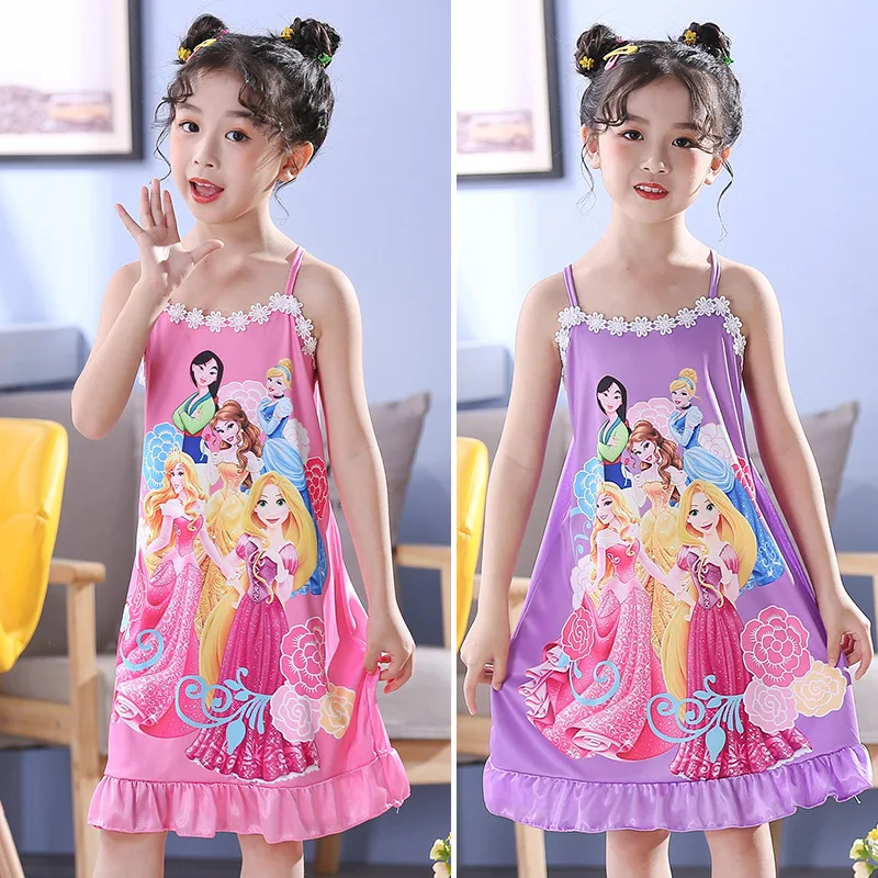 Disney Girls Ice Silk Slings Dress Cartoon Anna Elsa Princess Pajamas Children's Clothing Slings Dress Kids Sleepwear