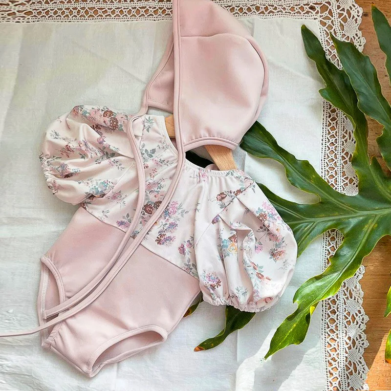 

Baby Swimwear Summer Floral Print Princess Girl Swimsuit With Hat One-Piece Swimsuit Girl Bikini Infant Toddler Bathing Suit