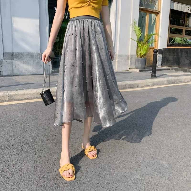 

Skirts Heavy-duty Beaded Girl Summer Half-short Medium-length And High Waist Chiffon A-line