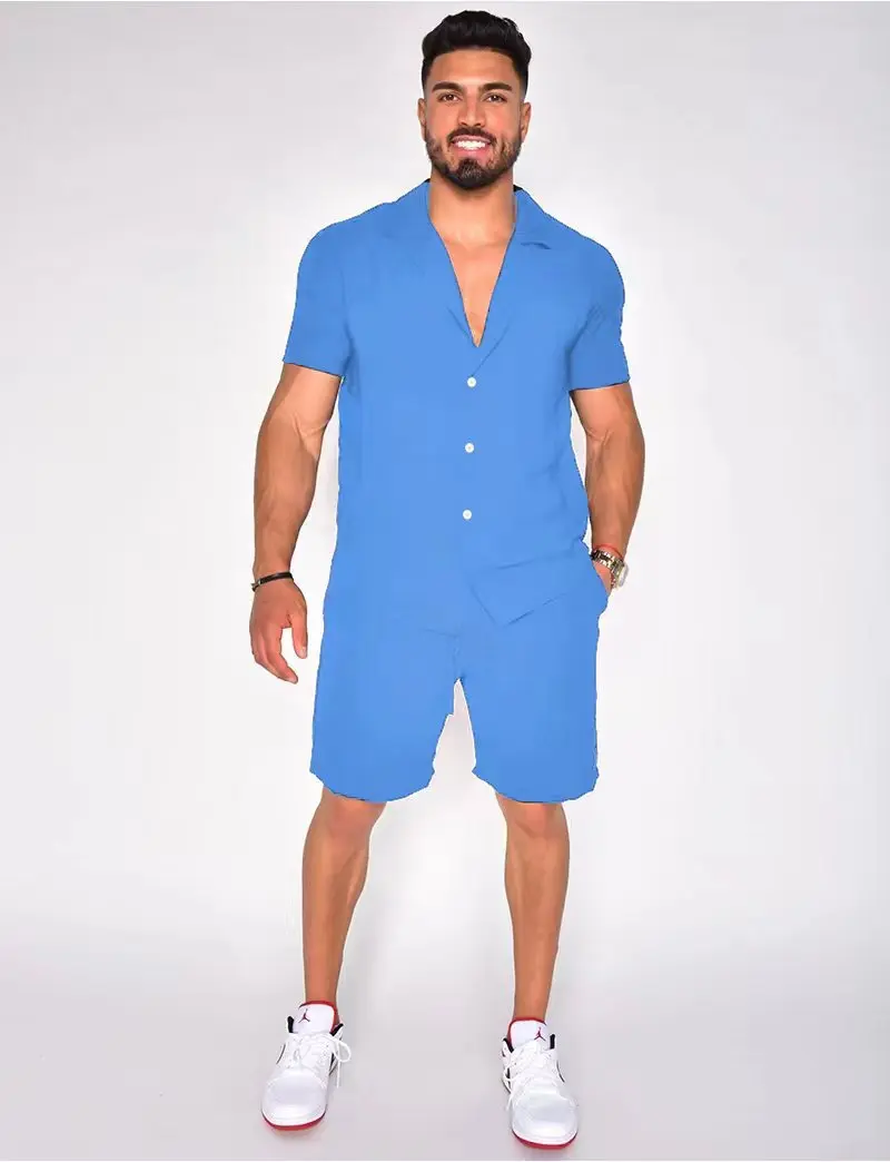 Hot Selling Hawaiian Popular Men's Summer Lapel Cotton Linen Solid Short Sleeved Shorts Set