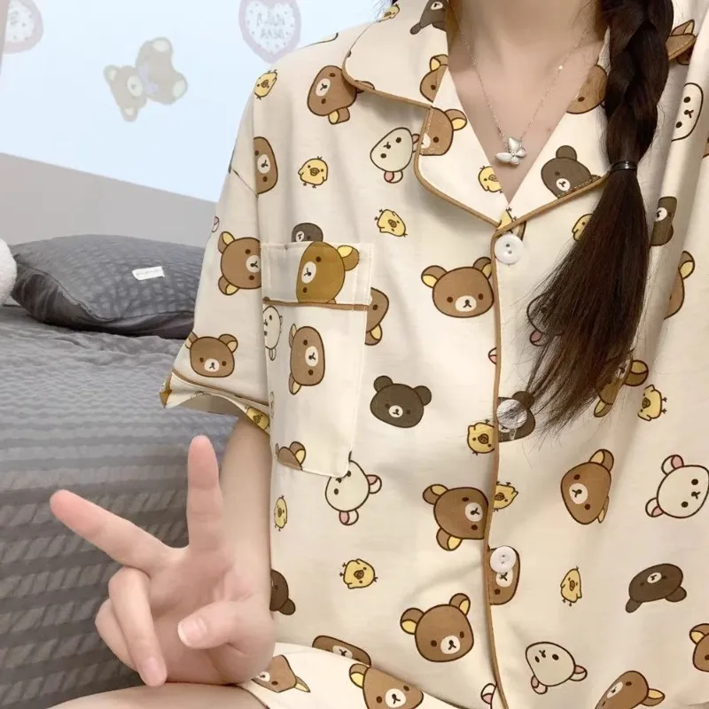 Фото Пижамы Rilakkuma, летние, с короткими рукавами, милые, с мультяшными рисунками, домашняя одежда, комплект из трех предметов, которые можно носить и на улице. №2