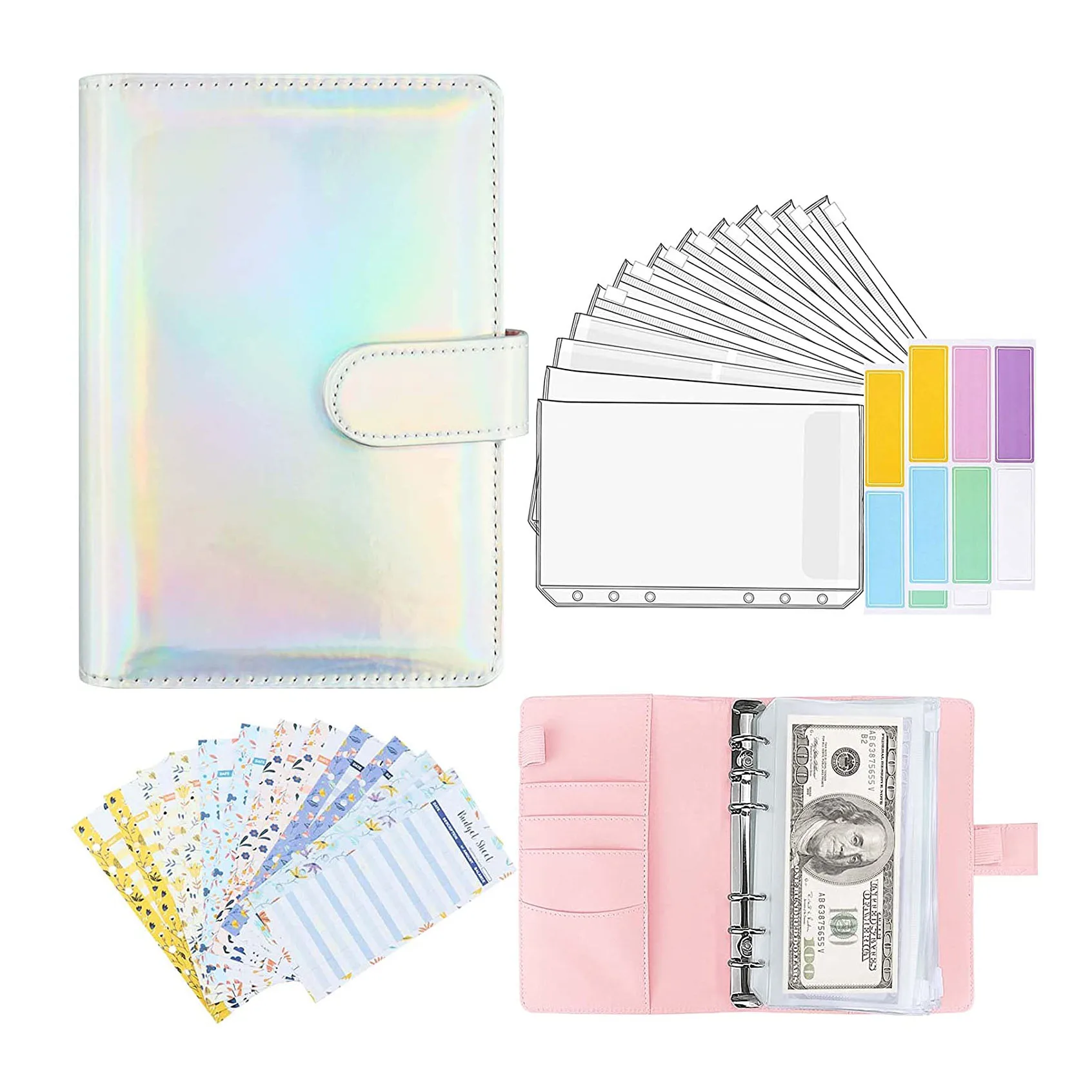 

A6 PU Binder Cover with Binder Zipper Pockets,Expense Budget Sheets,Sticker Labels,for Budget Money Saving Cash Envelopes System