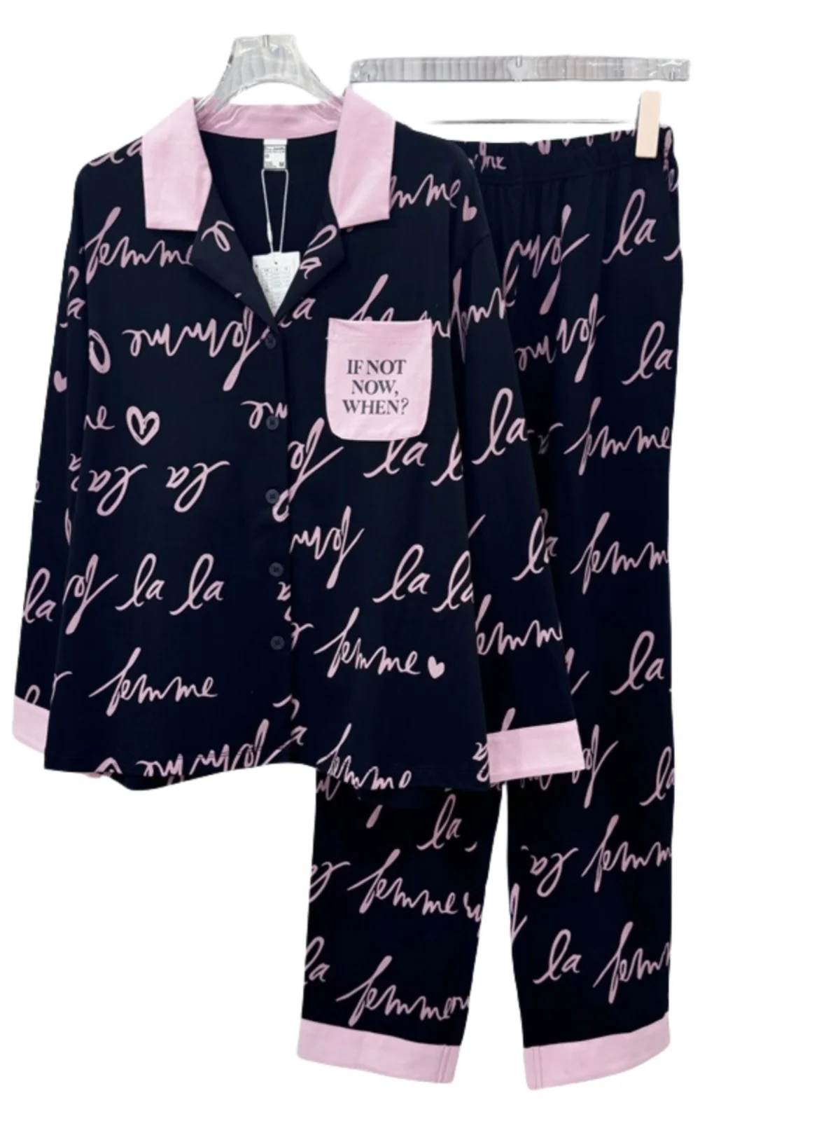 Bailunshijia женские пижамы с длинными рукавами из чистого хлопка черные буквы розовые