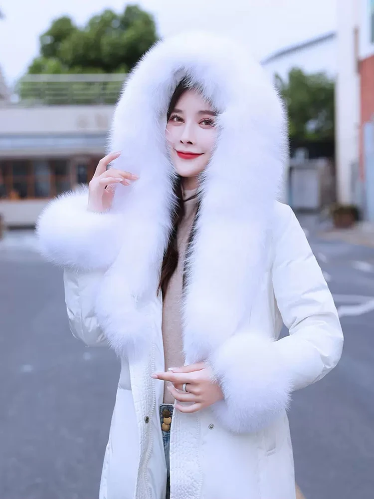 New Women Real Fur Stitching Down Coat Winter Hooded Double Fox Fur Collar Lace-up Belt Slim Thicken Warm Lengthened Down Jacket