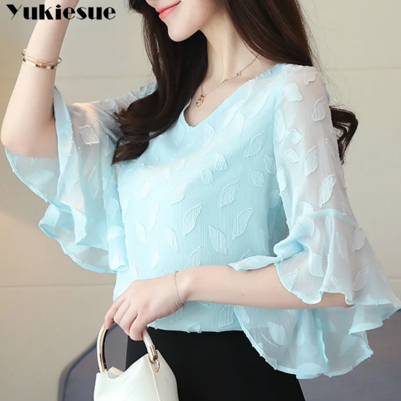 

Flare sleeve short sleeve Women shirt New Fashion Summer Tops Korean Ruffles Chiffon blouse Casual clothing Blusa clothes