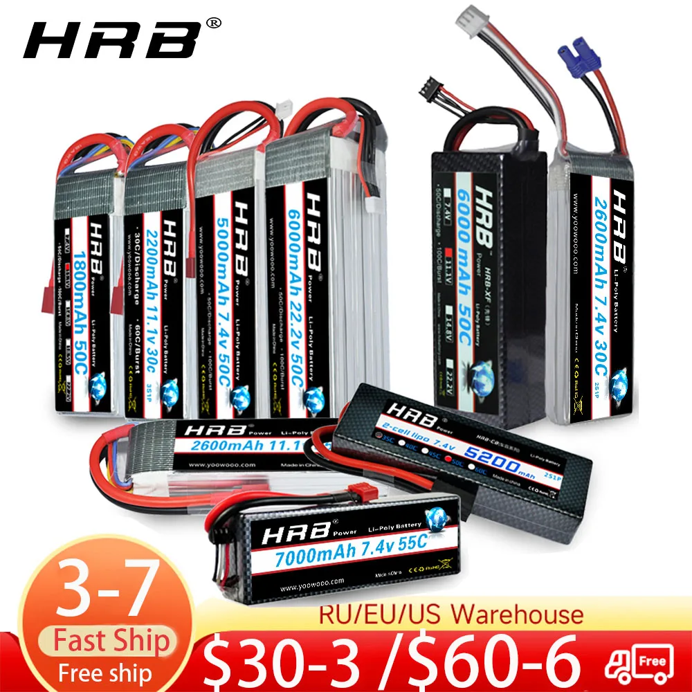 HRB RC Lipo Battery 2S 3S 4S 6S 1500mah 2200mah 2600mah 5000mah 6000mah 4000mah 7000mah 7 4 V 11 1 14 8 Car Drone - купить по