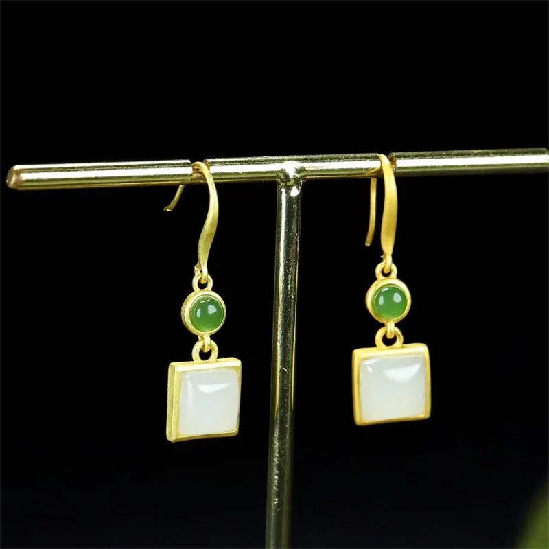 

Hot Selling Natural Hand-carved 925 Silver Gufajin Inlaid White Jade Square Earrings Studs Fashion Jewelry Women Luck Gifts