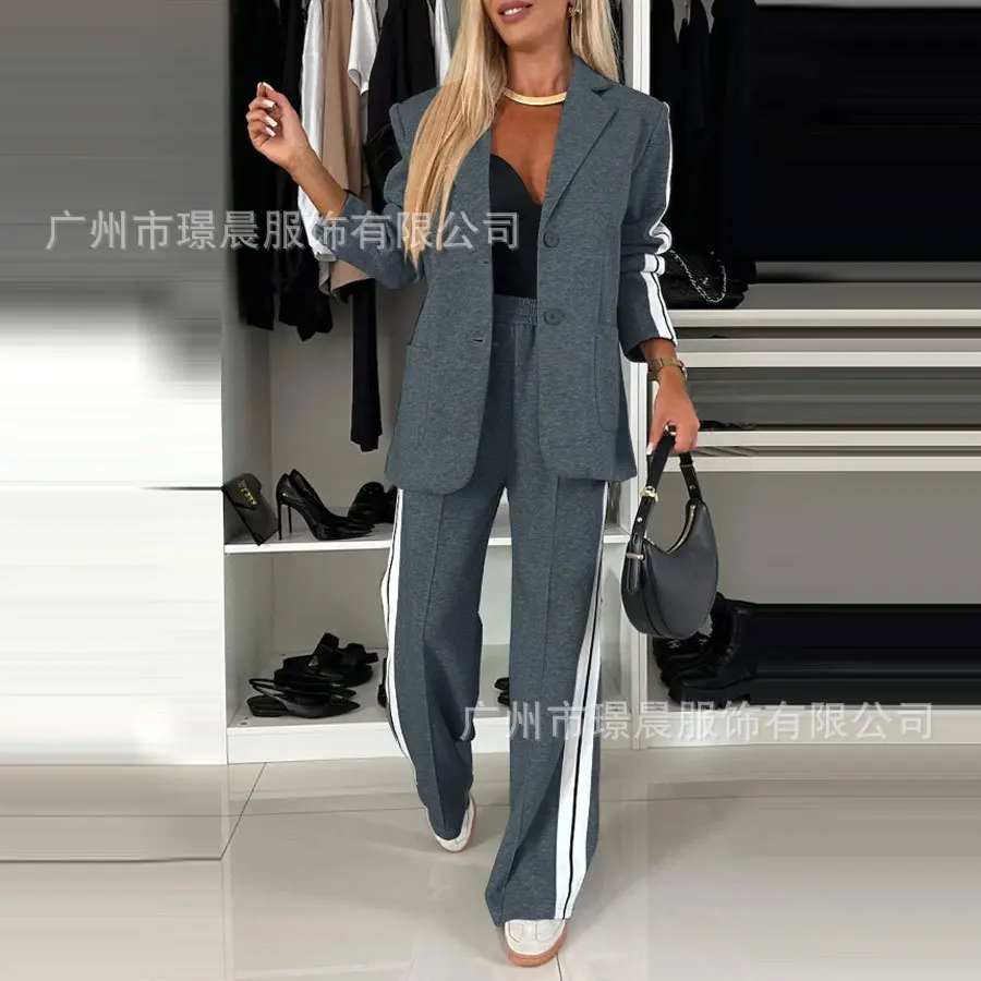 Женский повседневный полосатый костюм с короткими лацканами прямой брючный