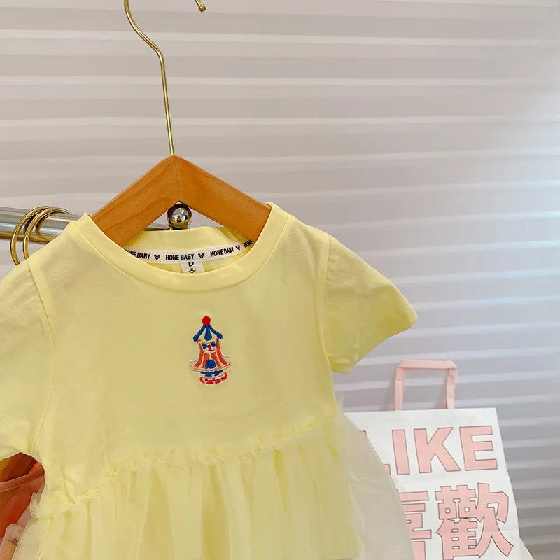 Детское плиссированное платье-пачка с коротким рукавом и вышивкой в стиле