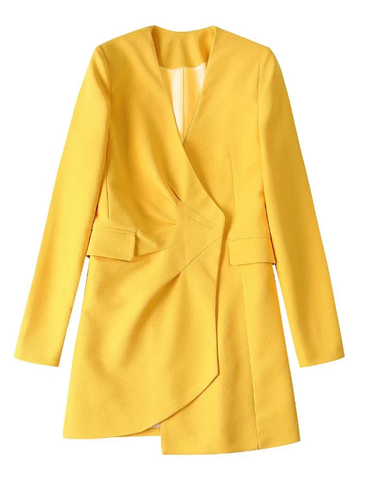 

Желтое платье-блейзер KBAT, женское Плиссированное короткое платье, женские офисные платья с длинным рукавом, асимметричное женское платье с ...