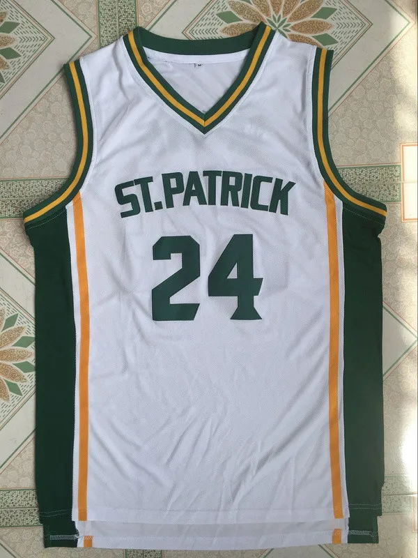 

Mens Kyrie Irving 24 St. Patrick High School White Basketball Jersey Throwback Sewn Shirt