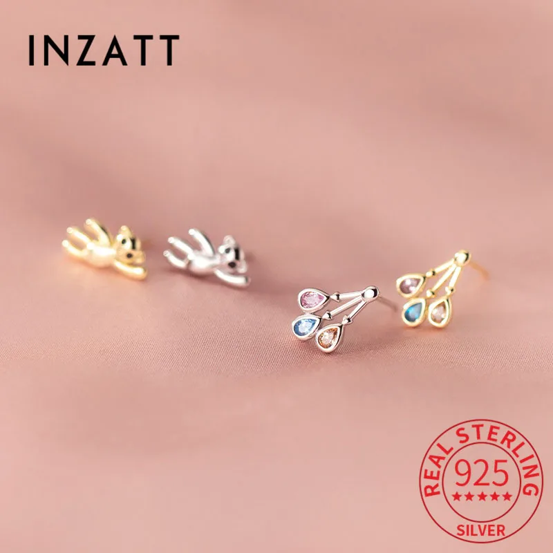 

INZATT Real 925 Sterling Silver Bear Zircon 18K Gold Stud Earrings For Charm Women Cute Fine Jewelry Asymmetrical Accessories