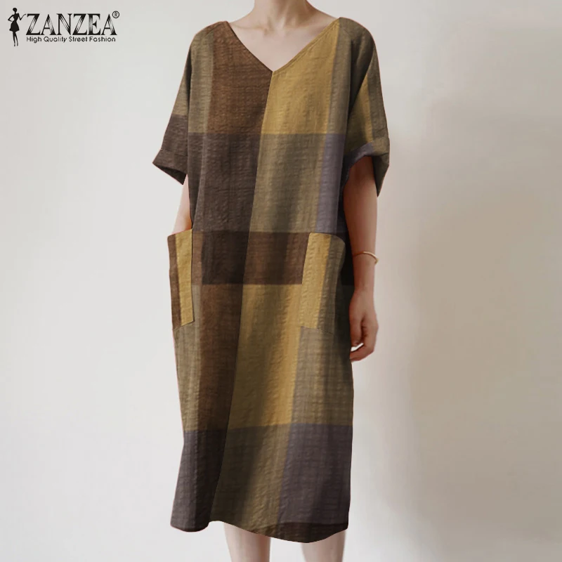 

2022 Summer Elegant Women Midi Dresses ZANZEA Short Sleeve Sundress Casual Fashion Printed Vestido Oversized V Neck Robe Femme 7