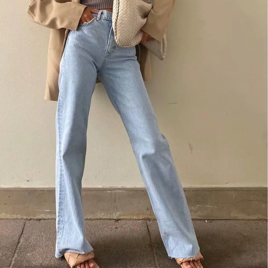 Women Straight Leg Trousers 2023 Spring New Female Ins Street Style High Waist Edge Wide Leg Mop Jeans Woman Loose Casual Pants