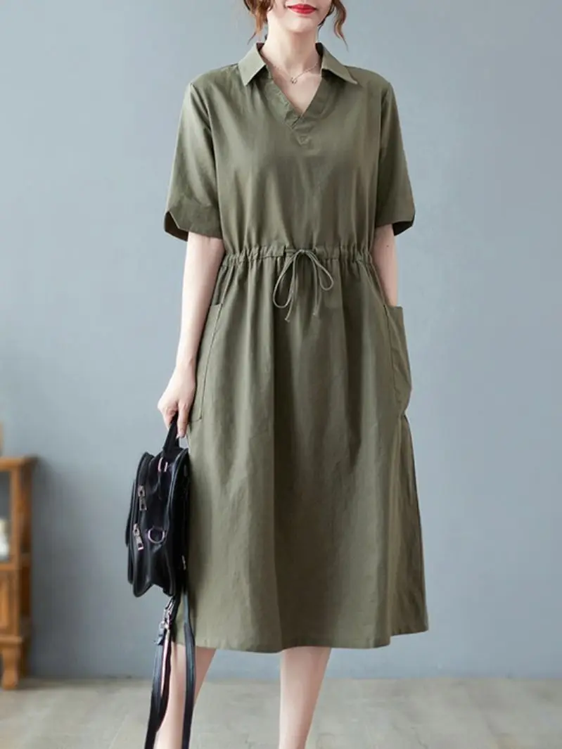 

Fashion Cotton And Linen Dress Women's Summer Korean Mid-length Pure Color Temperament Half-sleeved Pullover A-line Dress Trendy