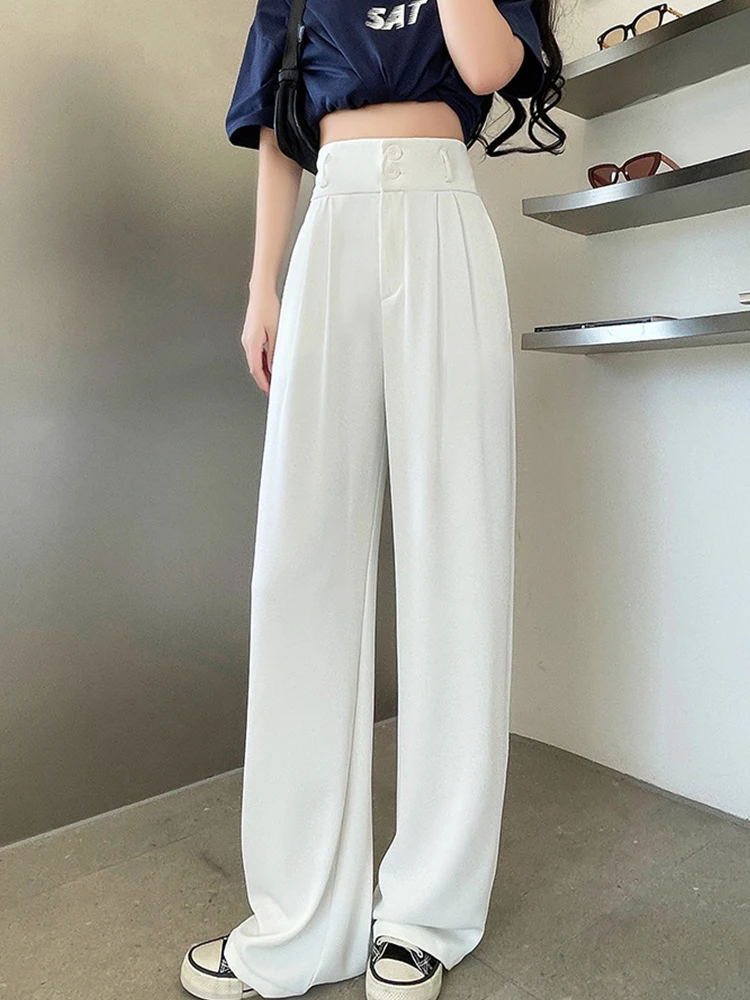 Elastic High Waist Casual Wide Leg Pants for Women Double Button Floor-Length Straight Loose Trouser 2023 Summer White Suit Pant