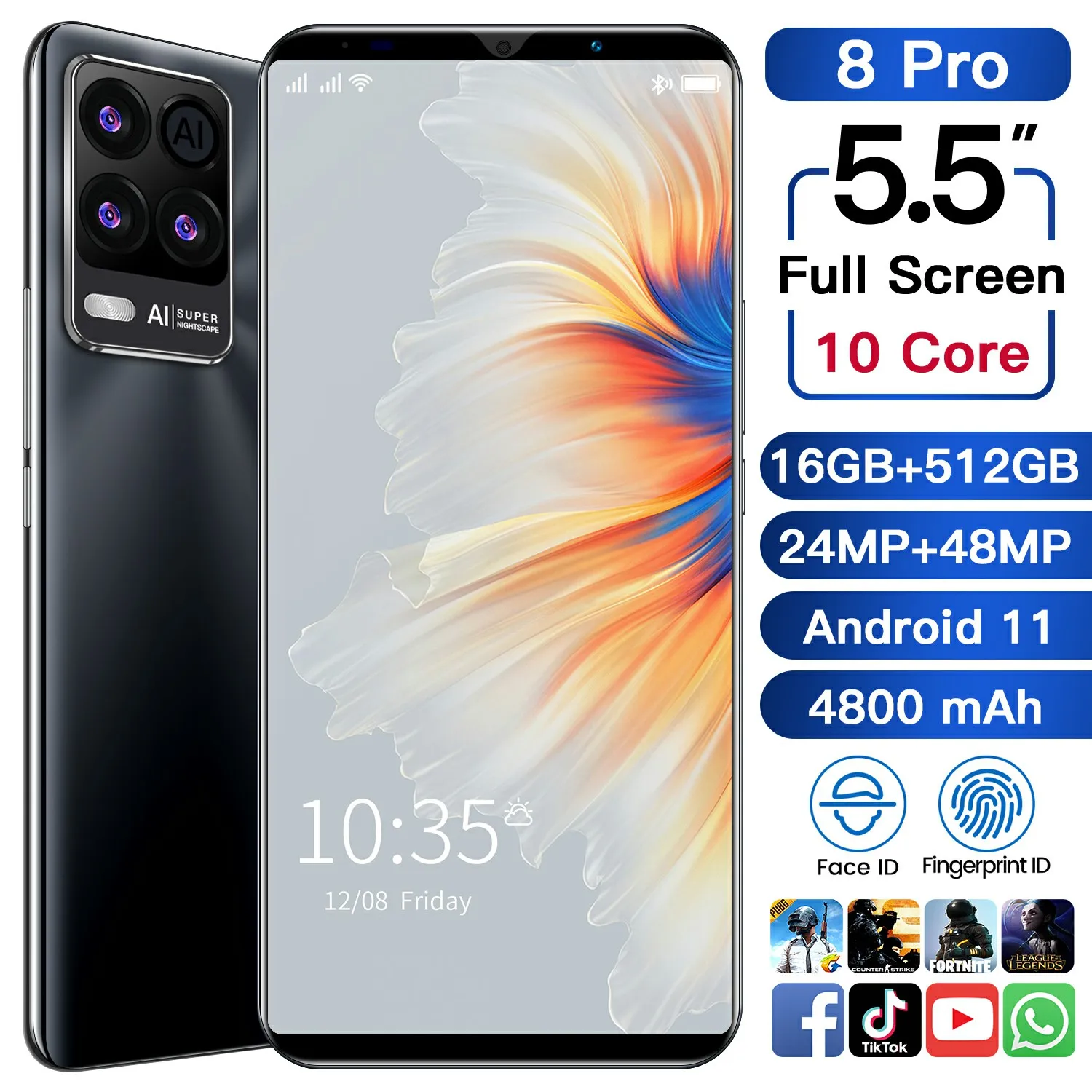 

Смартфон 8Pro, 5,5 дюйма, Android 11, большой экран, 16 ГБ + 512 ГБ, двойная SIM-карта