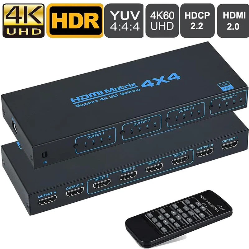 Матричный коммутатор 4K 60 Гц HDMI, матричный коммутатор 4 в 4, Матричный Коммутатор HDMI 2,0, сплиттер, переключатель 4x 4, поддержка EDID HDR10 HDCP2.2 для ПК, телевизора