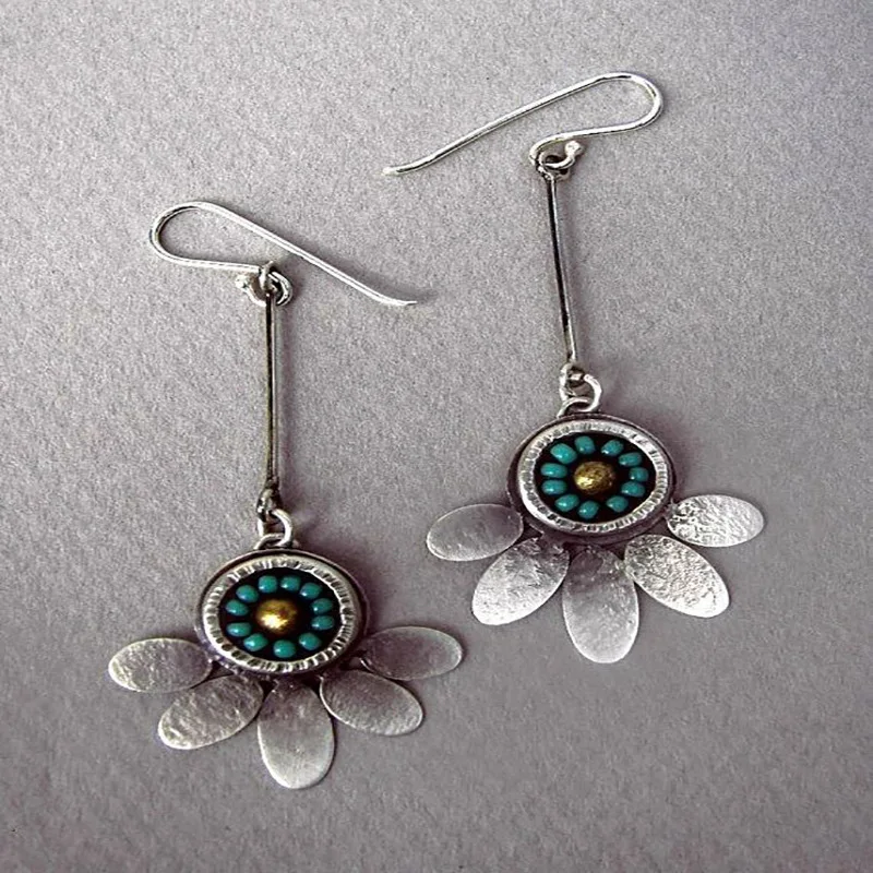 

Boho Lovely Tiny Blue Beads Flower Earrings Tribal Jewelry Silver Color Blooming Floral Petals Long Hook Earrings Gifts