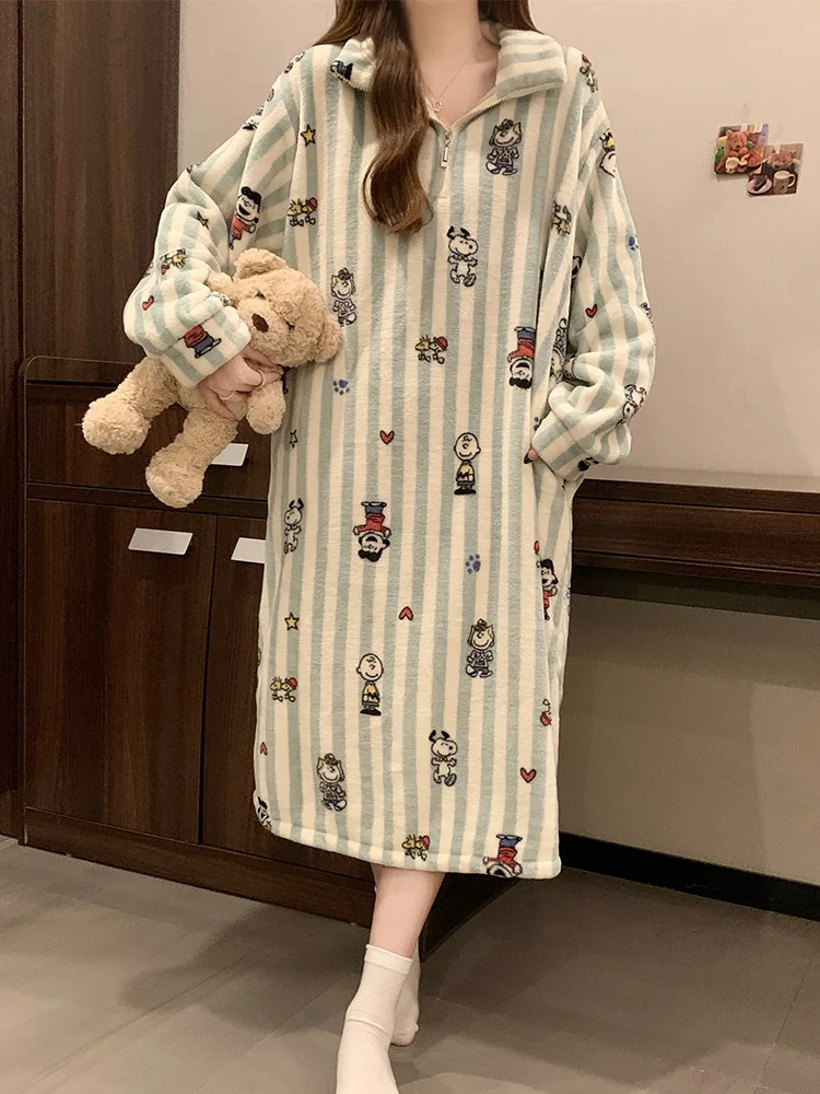 Фланелевая ночная рубашка на осень и зиму 2024 женская с длинными рукавами