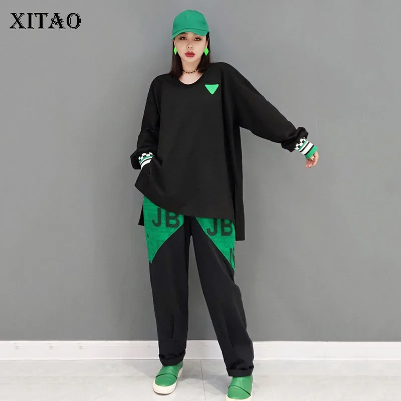 

XITAO Women Fashion Two Piece Set Fashion Pullover Full Sleeve Top Elastic Waist Letter Goddess Fan Full Length Pants WMD4508