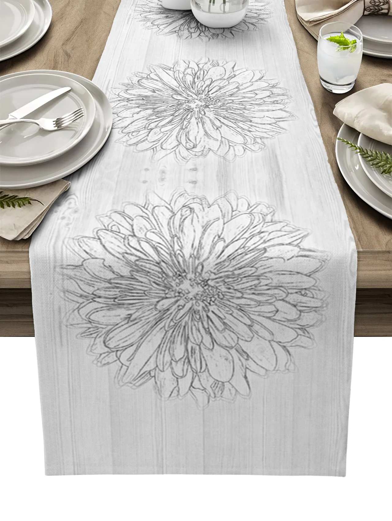 

Dahlia Flower Black And White Lines Table Runner Kitchen Dining Table Decor Tablecloth Wedding Holiday Decor Table Runner