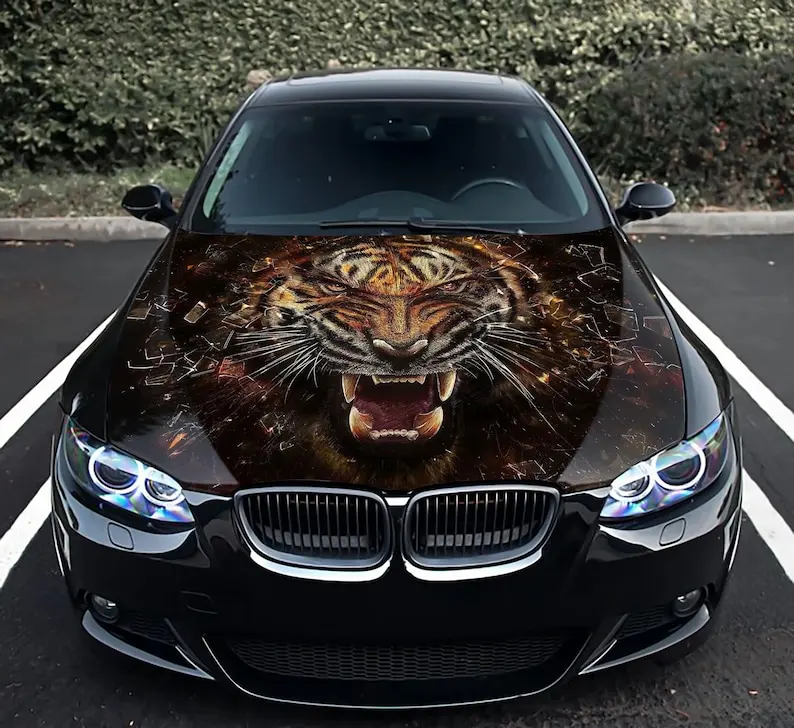 

Car hood wrap angry tiger, bonnet vinyl sticker, full color graphic decal, made to Fit Any Car