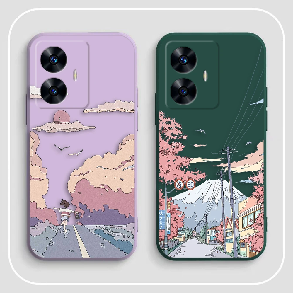 Чехол для телефона Street Cherry Blossom Snow Mountain Realme C65 C63 C53 C35 C55 C33 C30 C21Y C20 C12 C11 GT 2 NARAO 20 30 50