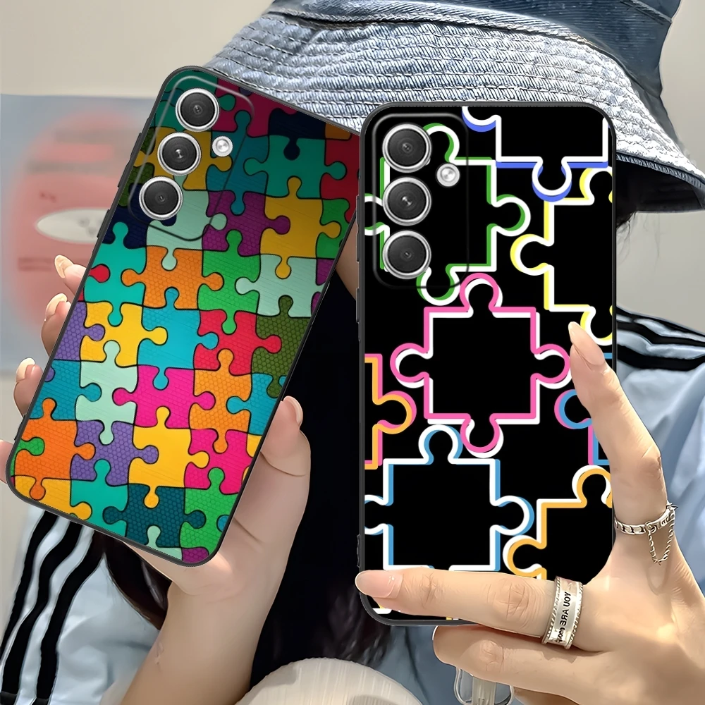 Puzzle Fashion Pretty Mobile Cell Phone Case for Samsung Galaxy S24 S23 S22 S21 S20 S10 S9 Plus FE Ultra Lite Black Cover Shell