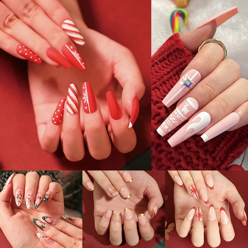 

24Pcs Christmas Elk White Snowflake Red Removable Wearable Artificial Fake Nails Press On Nail Art Glitter Reusable False Nails
