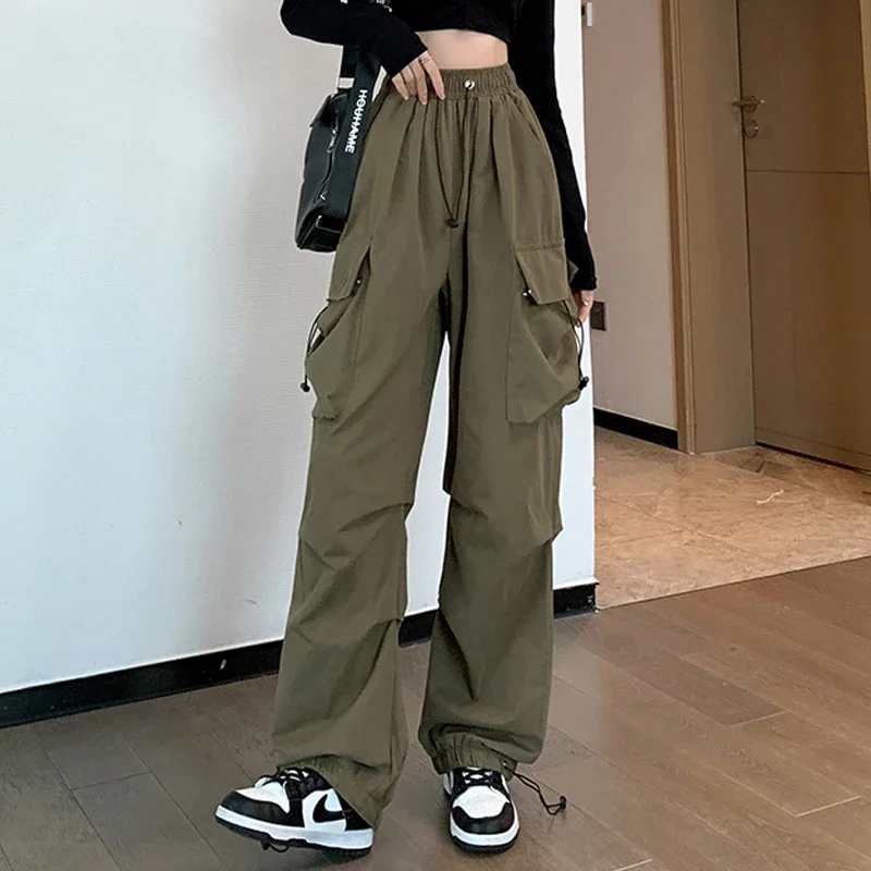 

Модные брюки с карманами, уличная одежда, повседневные брюки с широкими штанинами, осенние свободные брюки-карго с кулиской, Женские однотонные брюки для бега, 27493