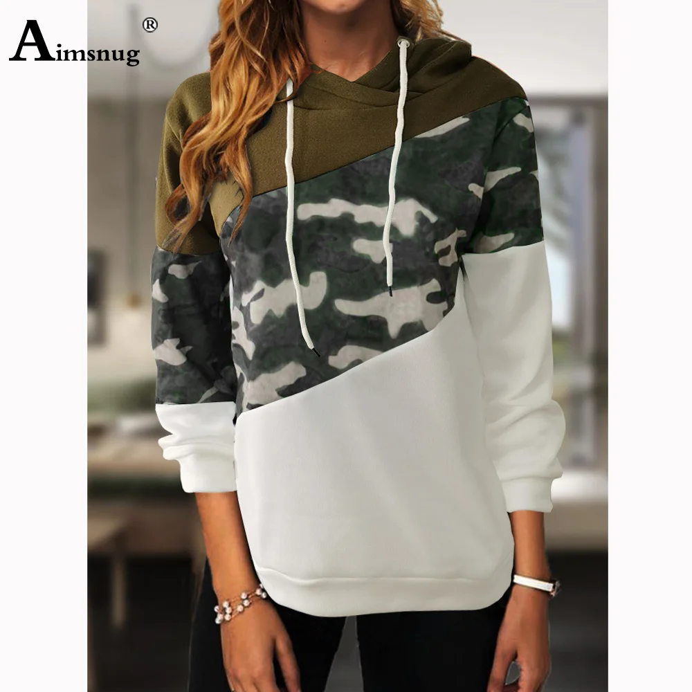 Aimsnug Boho Splice Hoodies Women Fashion Camouflage Print Sweatshirts Vintage Hooded Tops Women's Sweatshirt Casual Pullovers