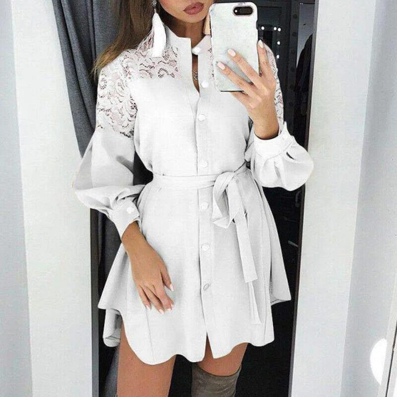 

European and American Autumn Large Size Slimming Women's Lace Cardigan Belt Shirt Dress Temperament Waist-Controlled Long Sleeve