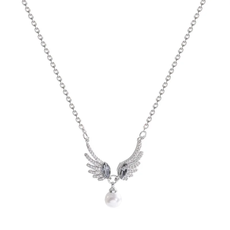 

Rhinestone Angel Wings Pearl Pendant Necklace Stainless Steel Silver Color Choker Chain for Women Girls Charming Accessories