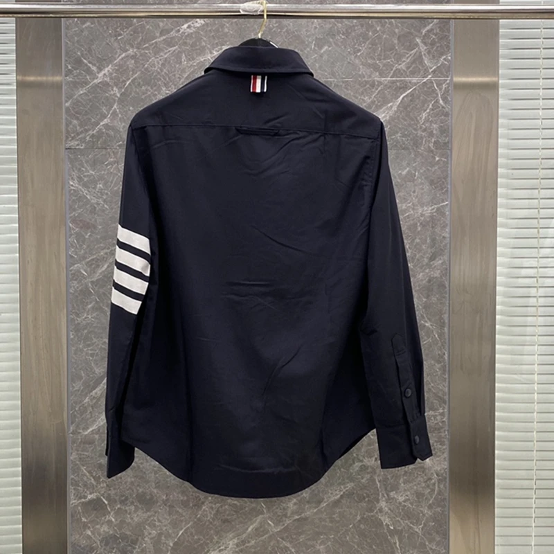 TB Fashion Wool Shirt Grey V-neck Business Shirt for Men White Bar Pocket Full Sleeve Turndown Collar Casual Shirt Man Clothing