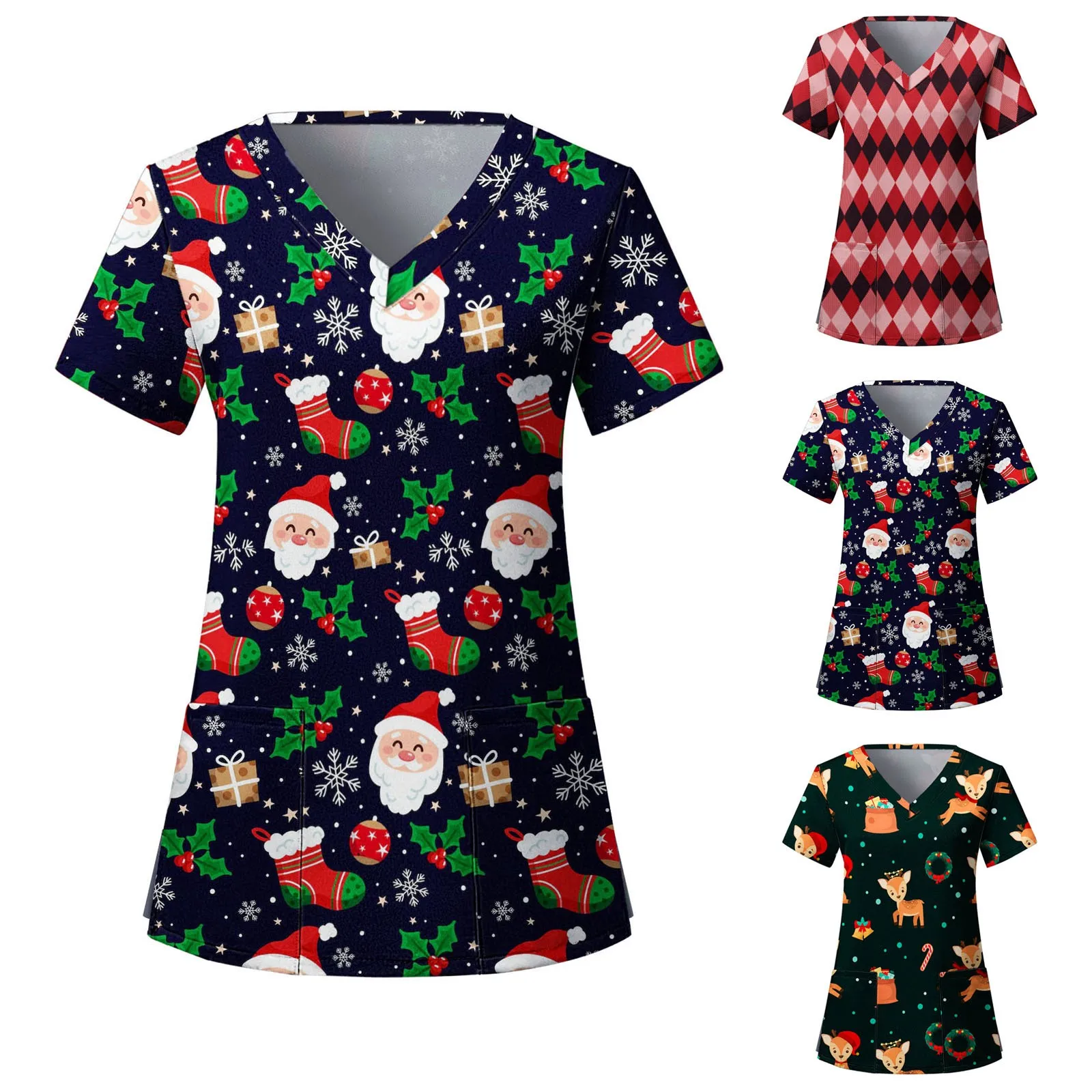 

Женская рождественская Повседневная Свободная Пижама с коротким рукавом, карманом и V-образным вырезом