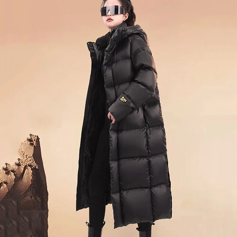 Женский теплый пуховик с капюшоном на белом утином пуху модель H122 зиму 2024