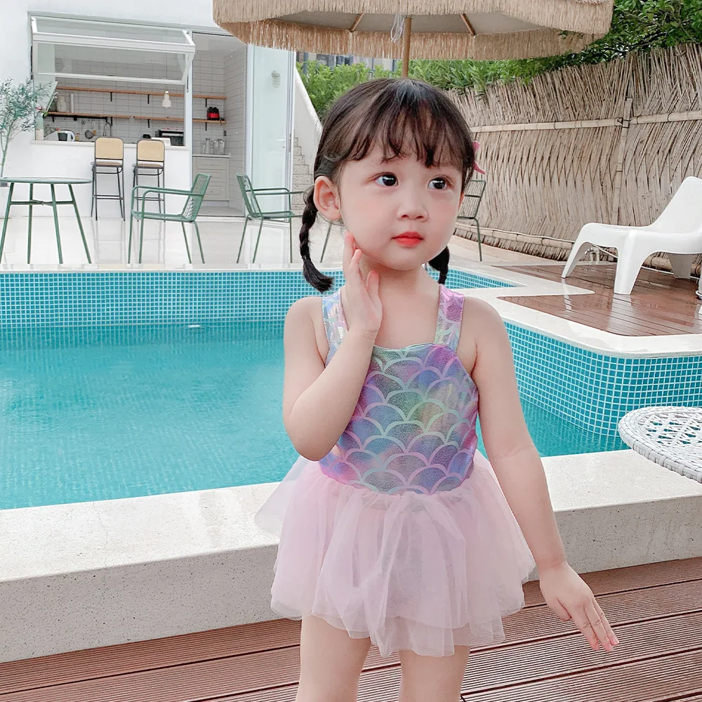 

Girls Swimsuit Summer New Baby Girl Net Red One Piece Swimsuit Mermaid Rainbow Swimsuit