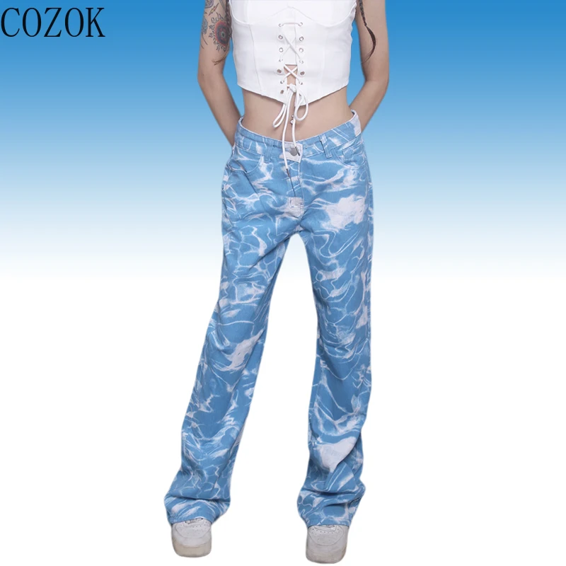 INS Trousers Straight Street Sky Blue Printed Regular Hot Girl Jeans Women Streetwear Women Pants Women Y2K Pants