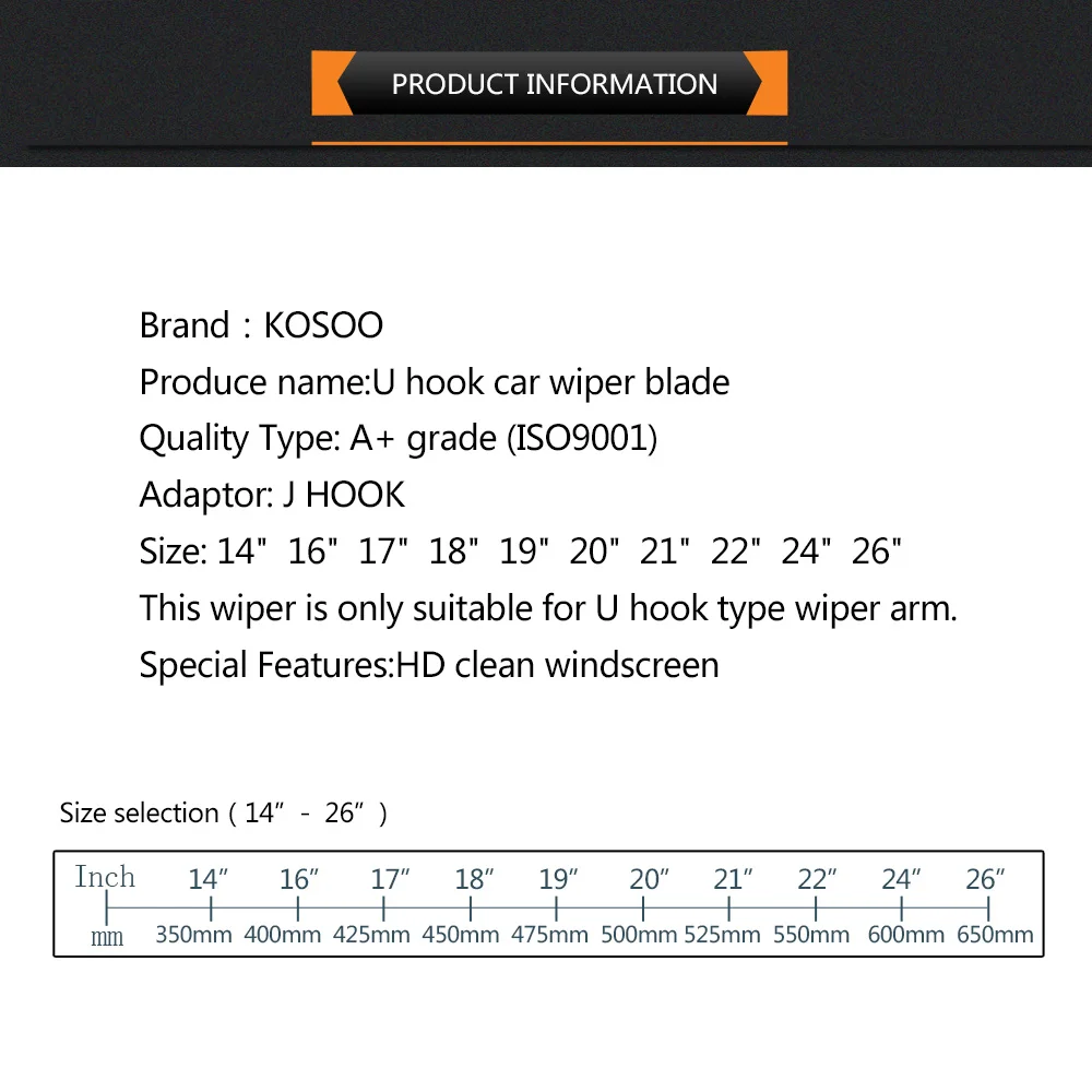 KOSOO Wiper Blade Universal U J Hook 14